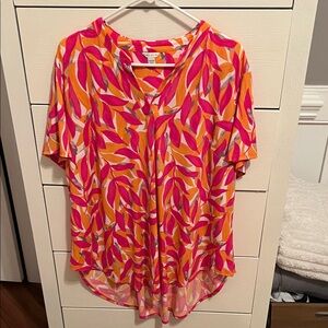 Cato Pink and Orange Leaf Print Blouse